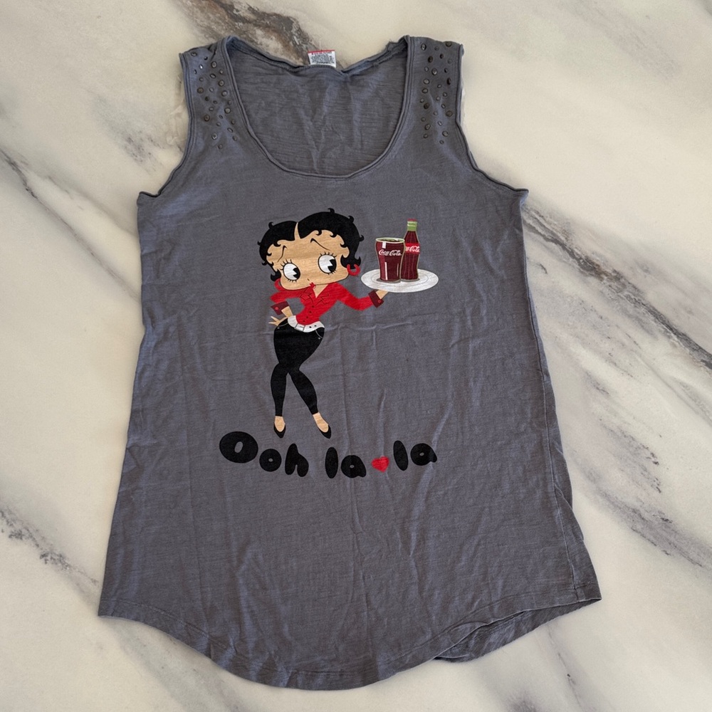 NWOT BETTY BOOP & COCA COLA Gray Tank Top with Cartoon Graphic - size L